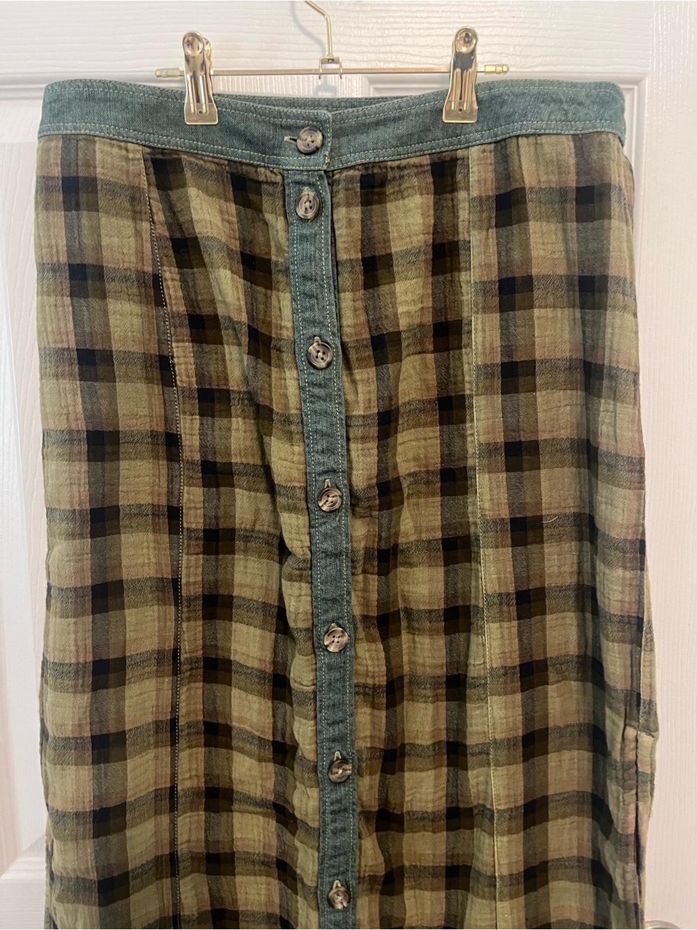 Free People Plaid Denim Trim Button Front Maxi Skirt XS - Picture 4 of 10